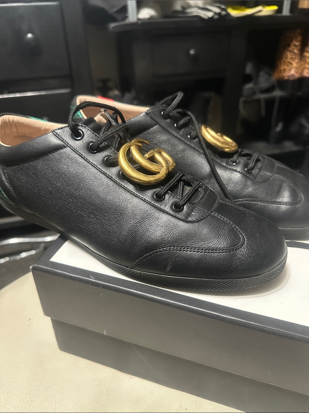Gucci Black Leather Sneakers with Gold Double G and Red/Green Heel Tabs 13 - Picture 5 of 6